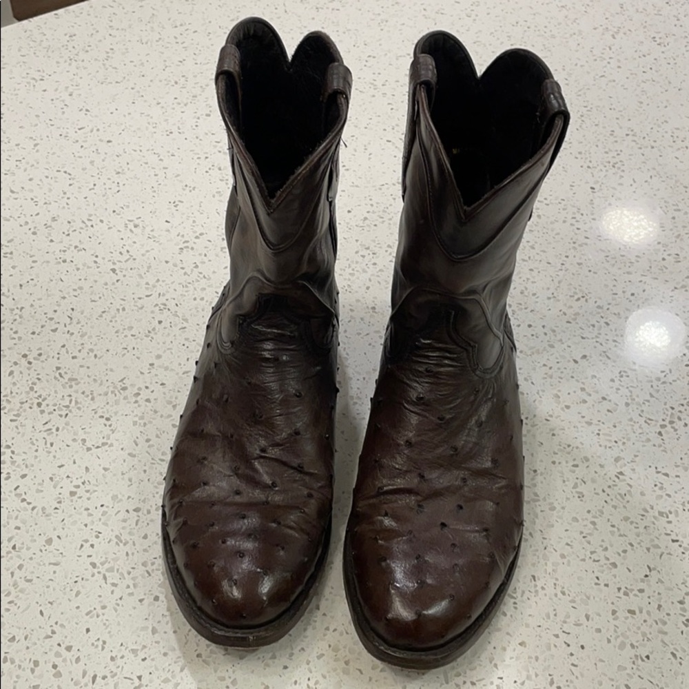 Allen’s dark brown leather cowboy boots w/ ostrich